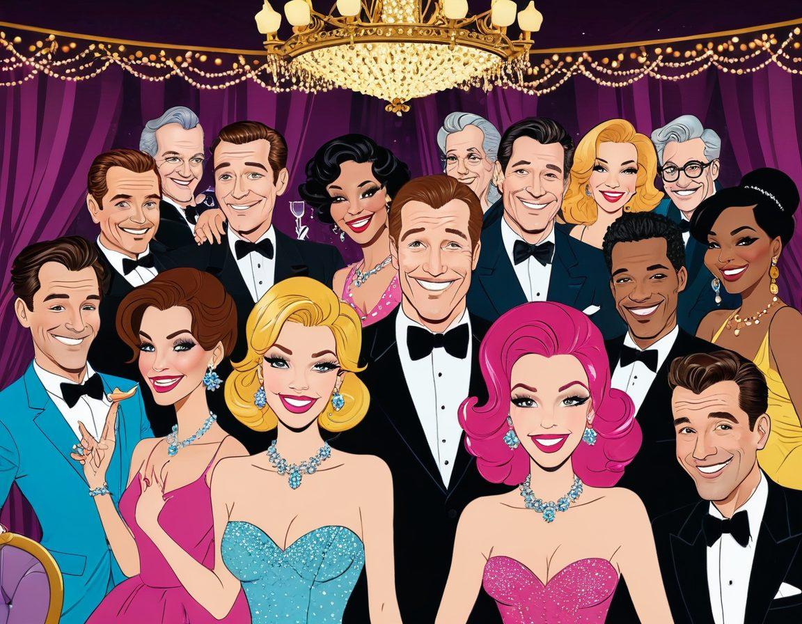 A playful, satirical cartoon featuring various celebrity caricatures engaging in cheeky, humorous antics. Include a sleek animation style with vibrant colors, emphasizing their exaggerated expressions and playful poses. Add a whimsical background that suggests a glamorous yet mischievous setting, such as a lavish Hollywood party filled with bubblegum aesthetics. super-realistic. vibrant colors. cartoon style.