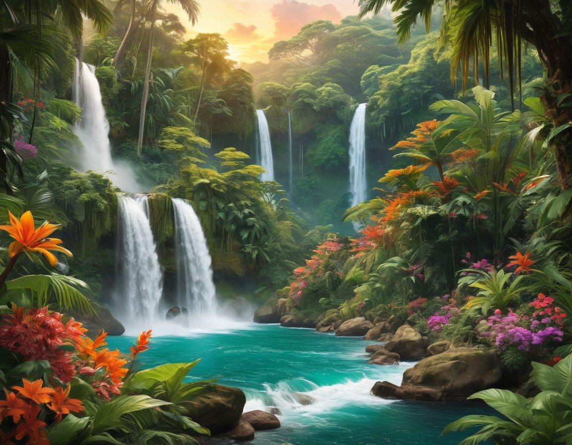 A collage of anime-style characters inspired by scandalous celebrities, set in a vibrant, exotic jungle backdrop. Each character exhibits unique features and playful expressions, surrounded by lush foliage and colorful flowers. Include elements like a shimmering waterfall and a tropical sunset in the background, to evoke an adventurous and wild atmosphere. super-realistic. vibrant colors. 3D.